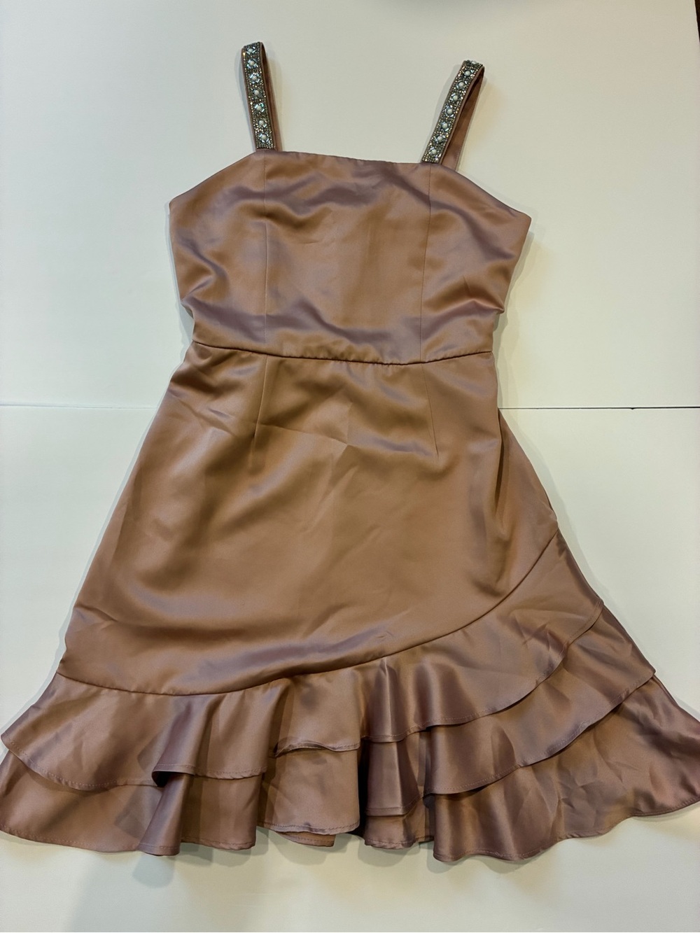 Speechless Mauve Satin Ruffle Hem Party Dress with Beaded Straps